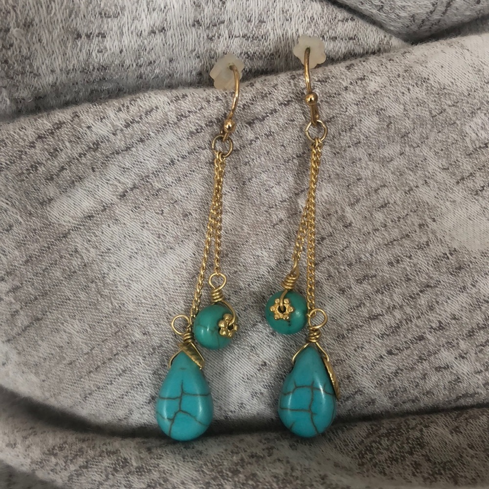 🌊 Turquoise & Gold-Tone Teardrop Dangle Earrings | Boho Chic | Summer Statement